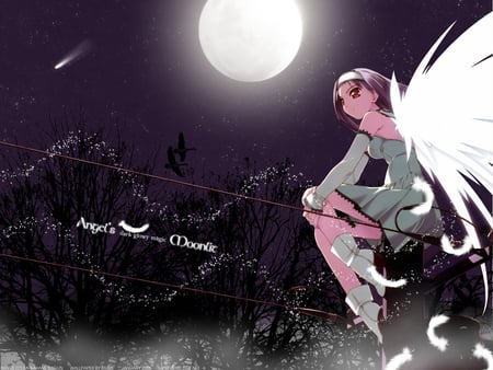 Night angel - moon, angel, wings, anime, sweet