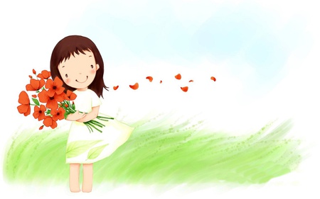 Lovely spring girl - spring, flower, girl, drawing