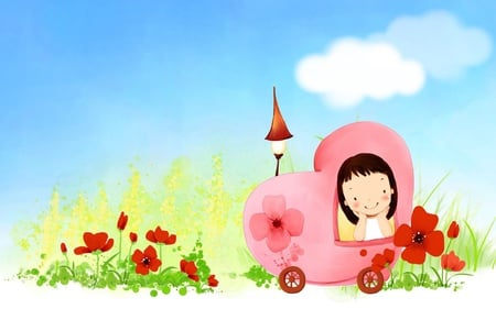 Cute spring angel - girl, car, drawing, spring, flower