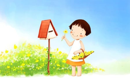 Cute cartoon angel - drawing, girl, spring, mailbox, flower