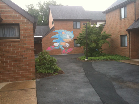 Sonic House - windows, building, hedgehog, red shoes, chalk, brick, blue, house, sonic, character