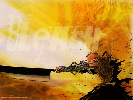 Ichigo Kurosaki - ichigo kurosaki, torn clothing, sword, solo, orange hair, kurosaki ichigo, ichigo, yellow background, anime, lone, bandages, weapons, male, bleach, blade