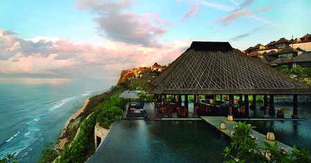 Bali - veranda, fantastic, beach, chairs, sand, flowers, view, cliff, hotel, houses, cottage, sky, clouds, house, trees, water, beautiful, sea, beauty, colors, bali, resort, lovely, architecture, ocean, plants mountains, colorful, nature, pool, waves, restaurant, umbrellas