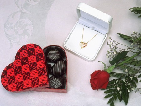 Gifts - love, gift, heart, necklace, rose, romantic, box, chocolate, flower