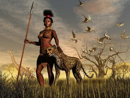 african girl - big, and, girl, cat, african