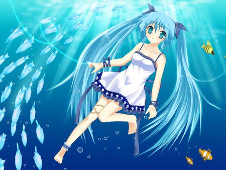 Hatsune Miku - aqua, hot, sun, music, anime girl, white, cool, aqua eyes, hatsune miku, sexy, light, song, vocaloids, glow, program, vocaloid, beautiful, sea, diva, dress, beauty, nice, water, twintail, singer, aqua hair, bubbles, black, virtual, pretty, idol, anime, miku, cute, ocean, sunlight, girl, school, string, white dress, hatsune, blue, fish, awesome