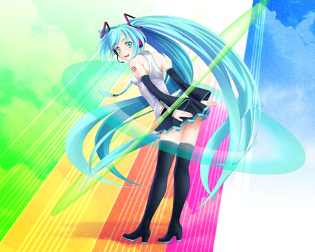 Hatsune Miku - tie, pretty, uniform, headphones, rainbow, nice, program, hot, thighhighs, beauty, virtual, white clouds, white, cute, aqua eyes, song, sexy, vocaloid, anime, blue, twintail, blue sky, hatsune miku, microphone, music, aqua, sky, idol, clouds, anime girl, skirt, beautiful, singer, girl, cool, black, miku, awesome, diva, aqua hair, hatsune, vocaloids, headset