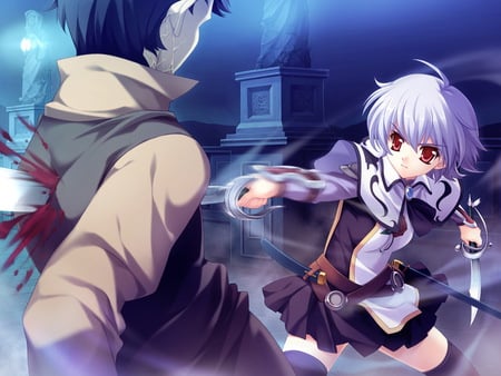 dead - night, blood, game cg, red eyes, boku no te no naka no rakuen, kurosaki, weapon, white hair, thea bohlscheid