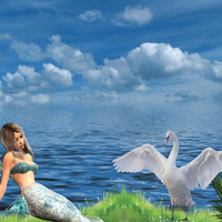 mermaid relaxing on grass with swan