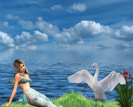 mermaid relaxing on grass with swan - swan, gorgeous, mermaid, beautiful, plus