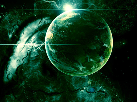 Green Space - star, nebula, green, planet, space