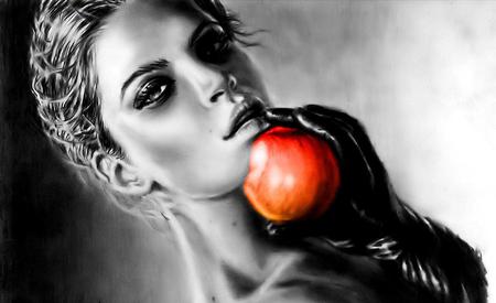 Forbidden Fruit II - abstract, beautiful, girl, black, lady, red, woman, fruit, face, nice