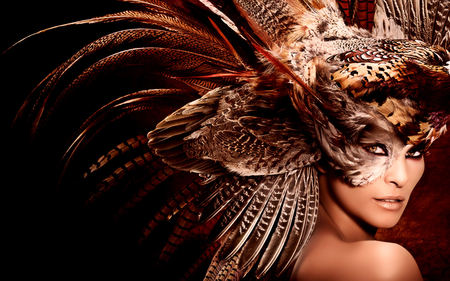 Feathers Mask - nice, woman, lady, mask, hat, feathers, eyes, fantasy, face, abstract, brown, beautiful