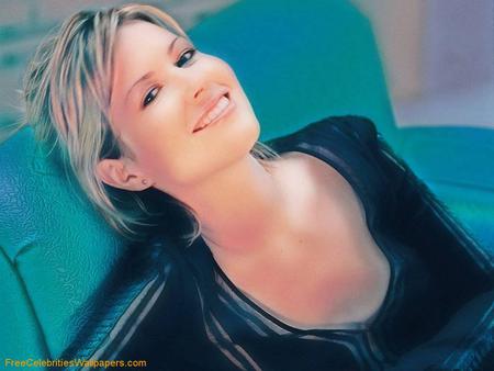 Dido Armstrong - blondie, female, blue dress, dark eyes, smile, singer