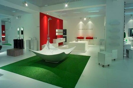 Bathing beauty - luxury, modern, red, green, lights, curtains, bathroom