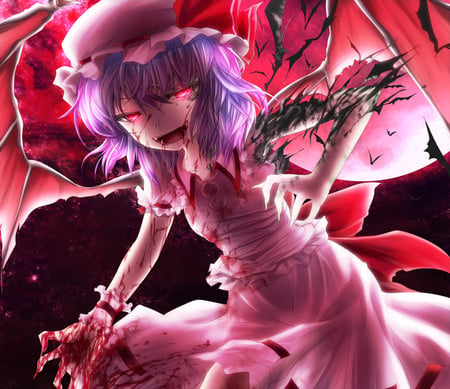 Remilia Scarlet - blood, game, bat wings, short hair, vampire, solo, touhou, dangerous, blue hair, wings, remilia scarlet, female hat, character