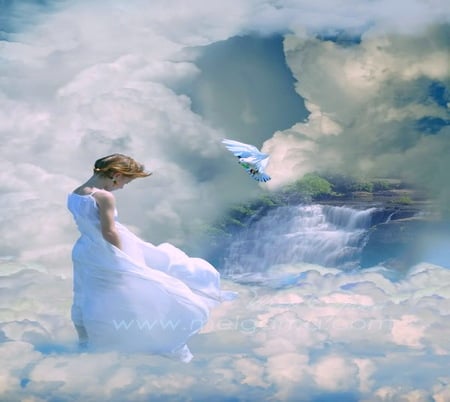 Touch of heaven - beauty, woman, sky, heavenly, dove, peace, clouds, white dress