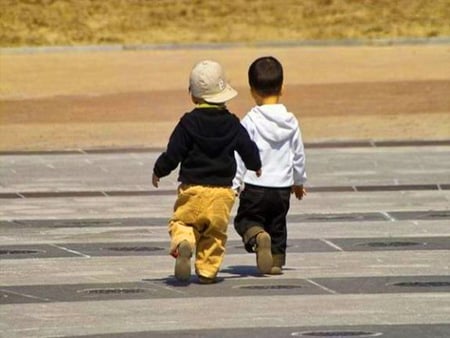 Buddies - buddies, walk, boys, road, cute, little