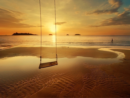 Golden Sunset - romantic, amazing, beach, splendor, romance, light, reflection, walk, sand, sunrays, golden sunset, view, golden, sky, sun, clouds, sunlight, beautiful, sea, beauty, lovely, ocean, swing, nature, sunset, rays, waves, peaceful