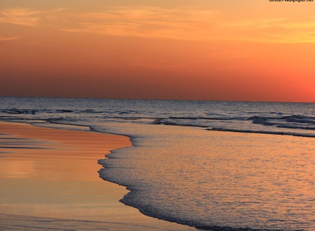 Lazy Surf at Sunset - water, yellow, colour, beach, tranquil, sea, ocean, orange, sand, surf, waves, peaceful, wave, sky