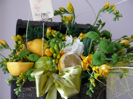 Still life - trunk, still life, nature, lemon, yellow, freesia, beautiful, handmake, green, flowers, arranjement