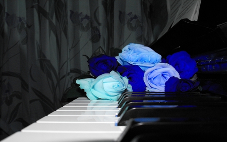 RHYTHM N'BLUE - white, blue, roses piano, keys, black