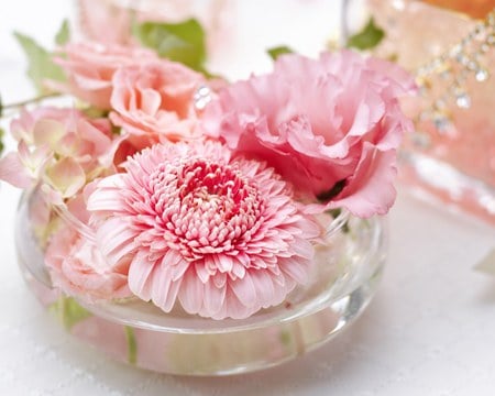 Flowers gift for my friend Cinzia - water, decoration, beautiful, pink flowers, glass bowle