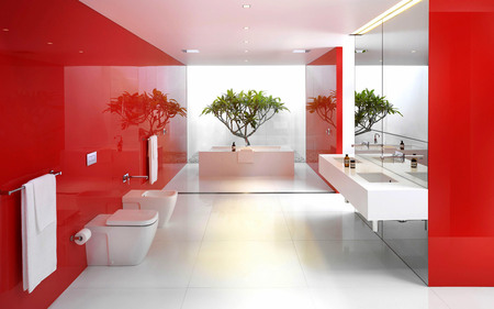 Beautiful Bathroom - relax, elegance, white, bath, red wall