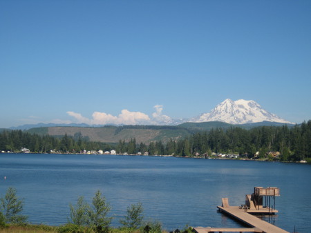 Clear Lake & Mount Rainier - sky, lake, mountain, clouds, waterfront