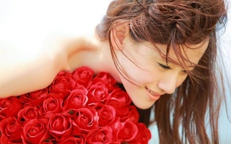 woman with red roses - roses, red, woman, photography