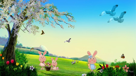 Easter Bunny Spring - trees, birds, spring, easter, flowers, basket, holiday, deer, ducks, sky