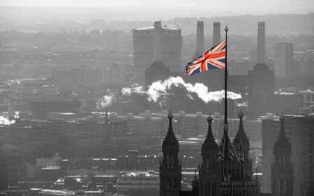 The Union Jack - british, modern, skyline, hazy, architecture, flag