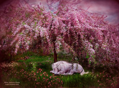 Fantasy forest - painting, art, forest, horse, pink, tree, fantasy