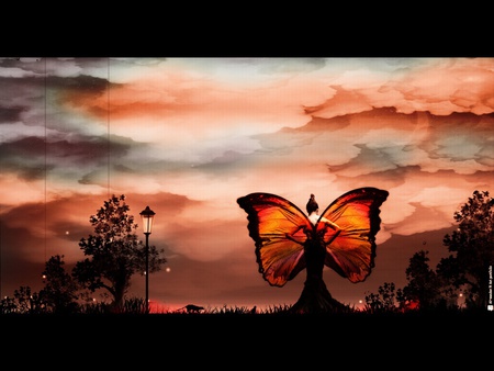 Butterfly - sky, butterfly, sunset, abstract, woman