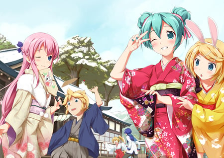 Vocaloid 2011 - rabbit, kagamine, megurine, festival, kimono, year, luka, rin, miku, traditional, cute, hatsune, len