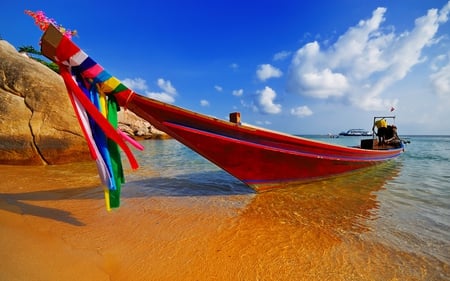 Peaceful Place - beaches, panorama, colorful, widescreen, amazing, view, cool, sunny, rock, paysage, boat, stone, peisaje, cena, landscape, scenic, boats, tropical, waves, nature, colorful ribbons, beautiful, canoe, sea, beauty, nice, sky, beach, photography, ripples, peaceful, water, man, clouds, sand, scene, paisagem, ocean, paisage, summer, paisaje, lovely, exotic, thailand, cenario, scenery, awesome, colors, photo