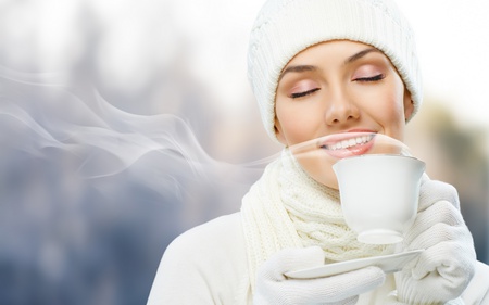 Coffee Time - pretty, dreamer, people, female, she, happy, face, winter, beautiful, coffee, photography, girl, beauty, lovely, sweet, smile, white, woman, cold, cup of coffee, cup, gloves