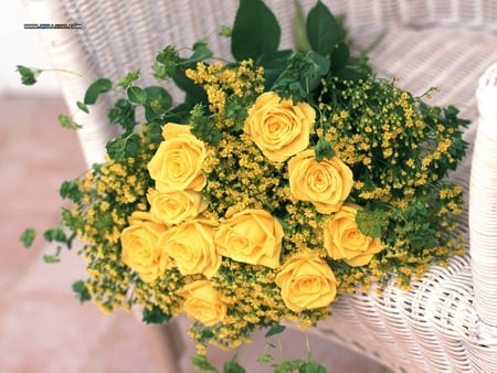 Yellow Roses for my Friend YellowForewer - beautiful, rattan chear, bouquet, still life, yellow roses