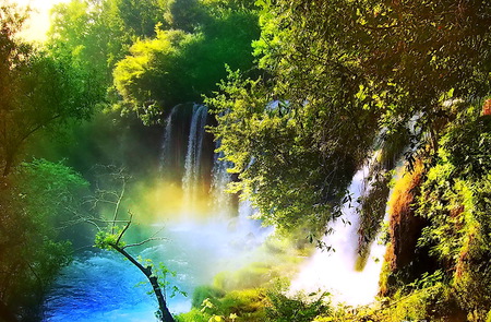 Come to my hide a way - sunlight, river, trees, natures beauty, peace, greem waterfalls