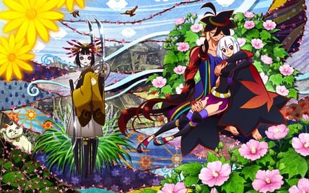 Katanagatari - Doll Battle - katanagatari, anime girl, beautiful, anime guy, shichika, samurai, doll, kanzashi, flowers, colorful, marionette, togame, katana, puppet