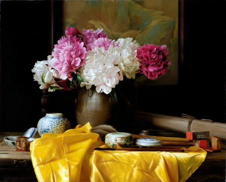 art  and flowers - vase, stillife, cloth, painting, table