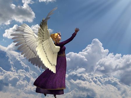 an angel  going up to heaven - maroon, angel, beautiful, skyblue, dress