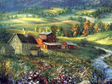 fields of color - flowers, house, trees, fields, creek, barn, landscape