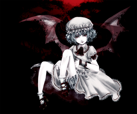 Remilia Scarlet - anime, pale skin, skirt, bloomers, red eyes, vampire, blouse, touhou, blue hair, wings, remilia scarlet