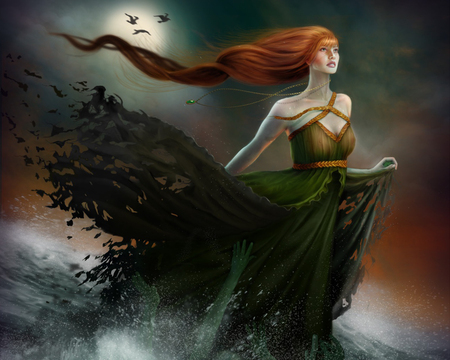 flying over water - woman, redhead, ocean, water, fantasy, lovely, amazing, pretty, beautiful, creature, sea