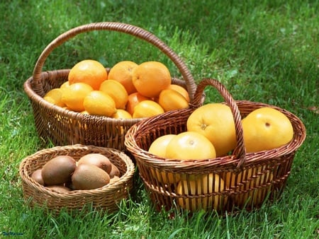 Lime, orange and kiwi - basket, eat, food, fruit, lime, grass, orange, kiwi