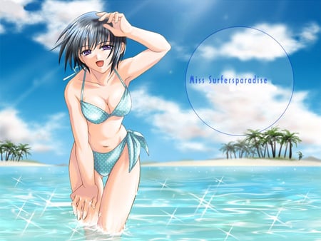 Miss Surfers Paradise - clouds, anime, female, water, blue, beach, hot, girl, sand, purple eyes, white, green, bikini, palm trees, paradise