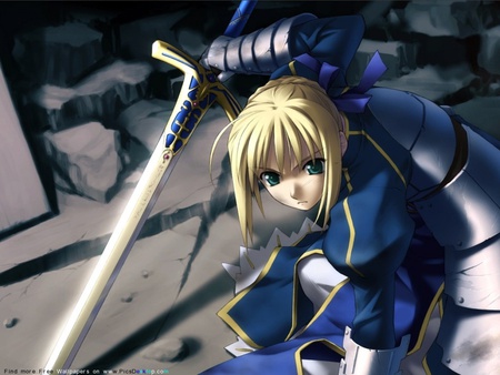 Saber - saber, girl, female, knight, gold, fate stay night, green eyes, grey, blonde hair, armour, blue, anime, excalibur, sword