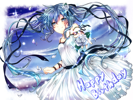 Hatsune Miku - pretty, blue rose, snow, light, nice, program, hot, beauty, virtual, flower, white, cute, aqua eyes, song, sexy, happy birthday, vocaloid, anime, blue, twintail, dress, hatsune miku, stars, music, aqua, sky, sun, borders, idol, clouds, anime girl, beautiful, singer, girl, cool, white dress, black, cards, glow, miku, awesome, diva, rose, aqua hair, hatsune, vocaloids