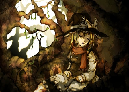 Marisa Kirisame - sleeping, witch, marisa kirisame, touhou, trees, woods, leaves